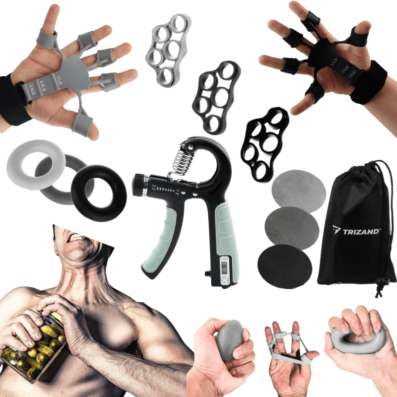Zestaw 12 elementów do treningu nadgarstka i dłoni | Ściskacz 10–100 kg + 2x Finger Gripper + gumy – siłownia, rehabilitacja, fitness