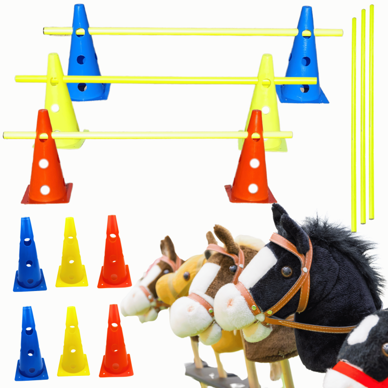 Hobby Horse Tor przeszkód regulowany – 3 przeszkody, 6 pachołków kolorowych + 3 poprzeczki 1m do treningu skoków (Kopia)