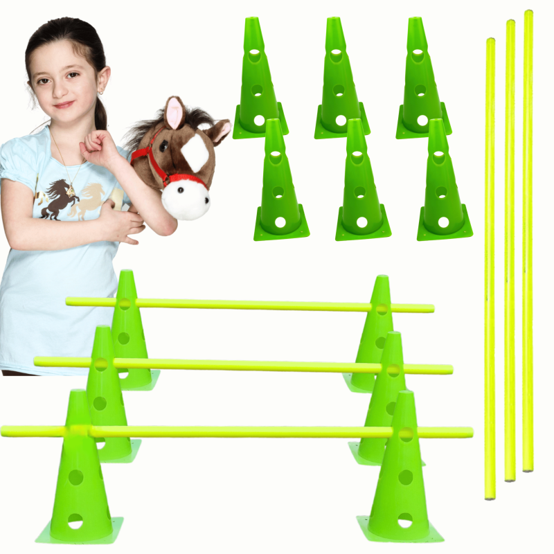 Hobby Horse Tor przeszkód regulowany – 3 przeszkody, 6 pachołków zielonych + 3 poprzeczki 1m do treningu skoków