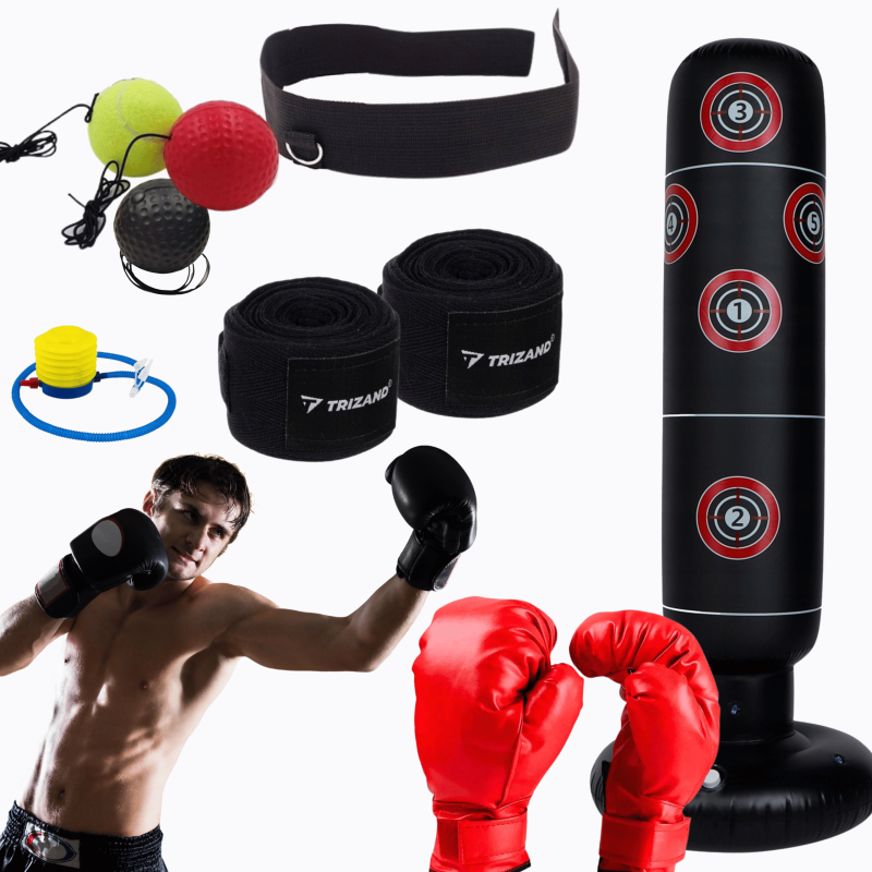 Zestaw bokserski dla młodego wojownika – dmuchany worek treningowy + piłka refleksowa + owijki | Trening MMA i boksu