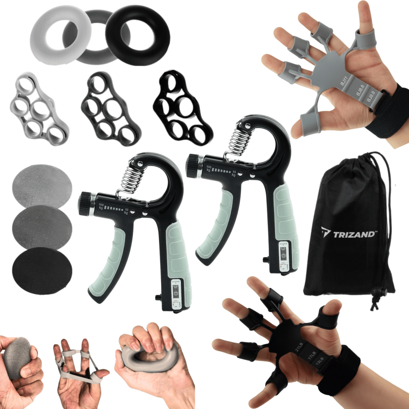 Zestaw 13 elementów do treningu nadgarstka i dłoni |2x Ściskacz 10–100 kg + 2x Finger Gripper + gumy – siłownia, rehabilitacja, fitness
