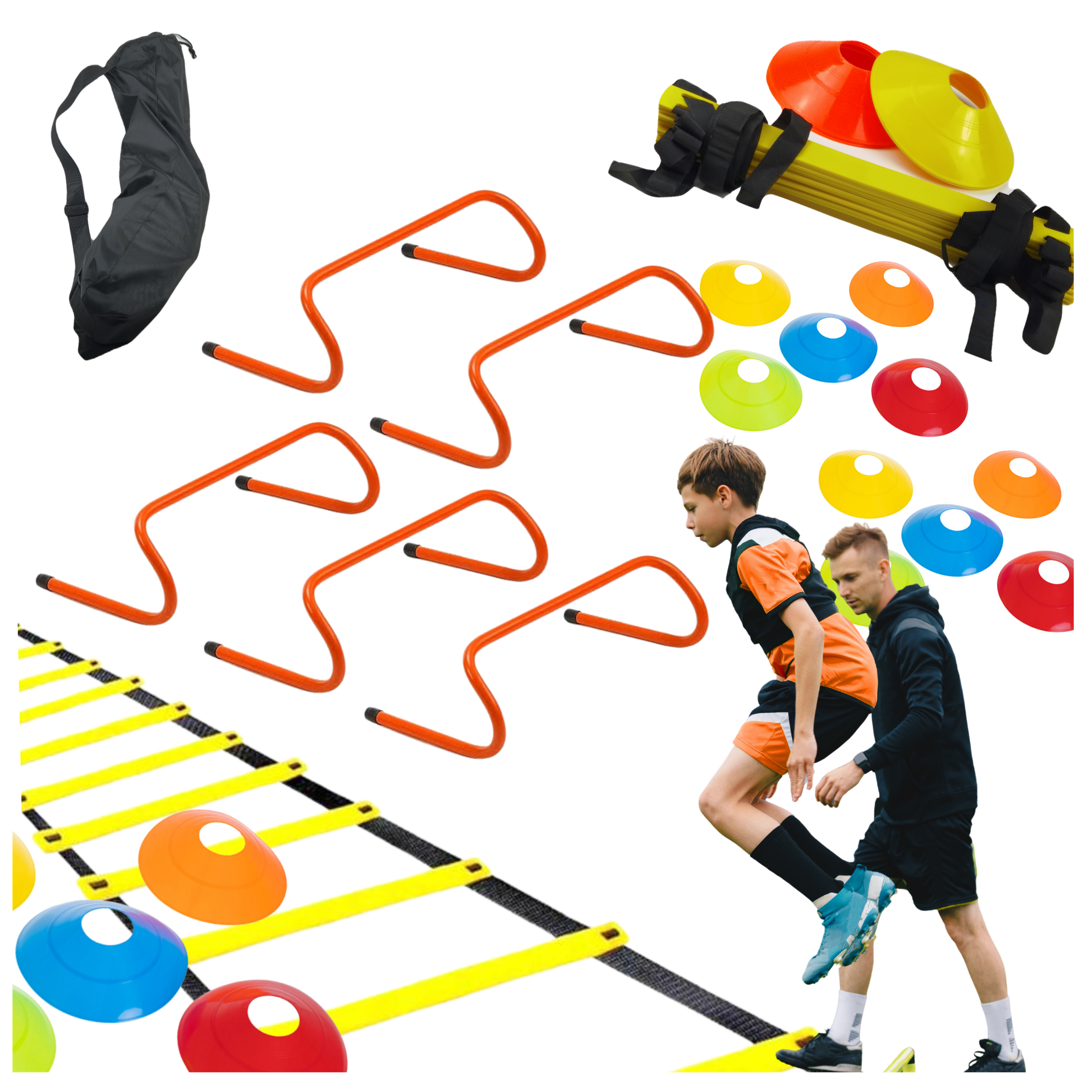 Zestaw treningowy piłkarski – drabinka 6m, 5 płotków 15cm, 10 pachołków agility