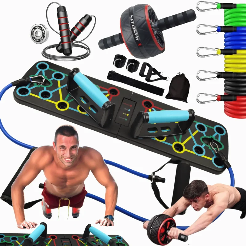 Zestaw treningowy 3w1 – deska 16w1 + gumy  + AB Wheel + skakanka
