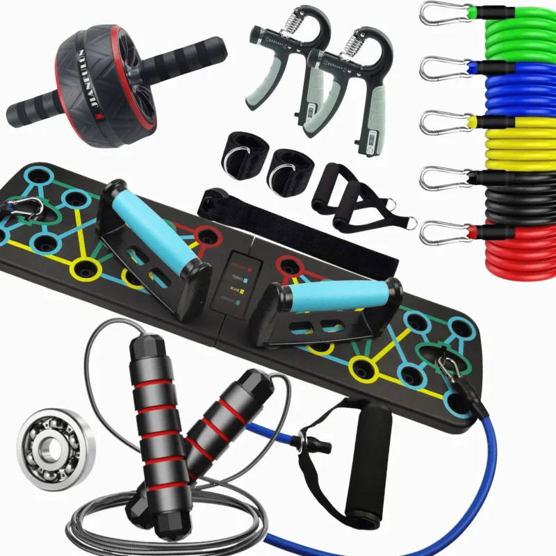 Zestaw treningowy 6w1 – deska 16w1 + AB Wheel + skakanka + 2x ściskacz