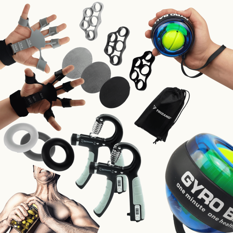MEGA zestaw 14w1 do treningu i rehabilitacji dłoni i nadgarstków | Ściskacz 10–100 kg + Power Ball + Finger Gripper + gumy – siłownia, fitness, rehabilitacja